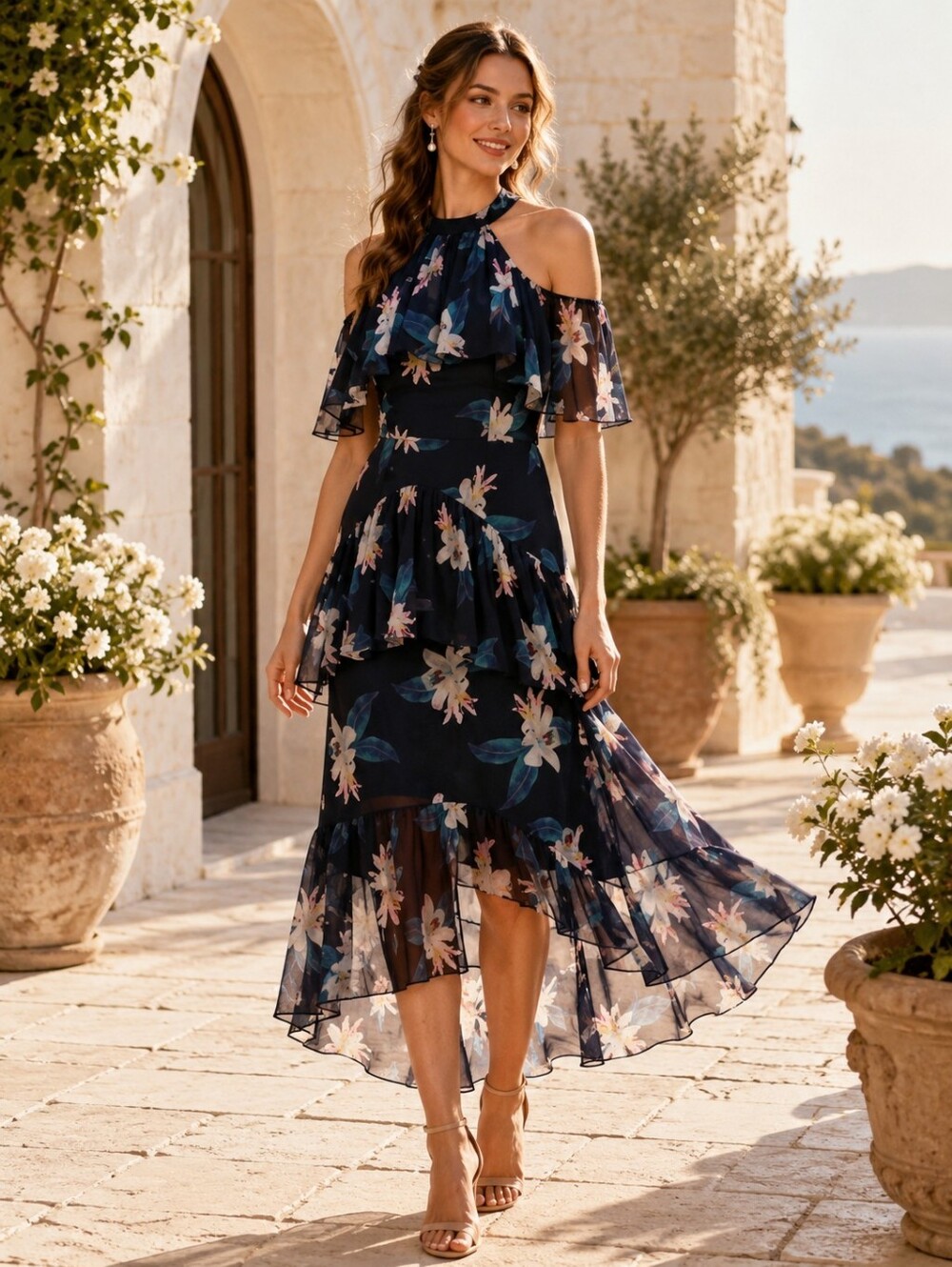 Antonio Melanie Silk Floral Cold Shoulder Tiered Hi Low Maxi Dress 6 Romantic